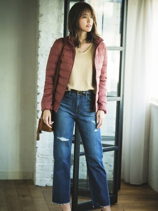 Women's Brown Suede Crossbody Bag, Blue Ripped Jeans, Tan V-neck Sweater, Burgundy Puffer Jacket