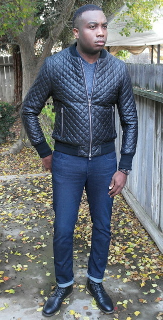 Black Quilted Leather Bomber Jacket Outfits For Men: 