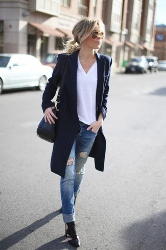 Women's Black Cutout Leather Ankle Boots, Blue Ripped Jeans, White V-neck T-shirt, Navy Vertical Striped Coat