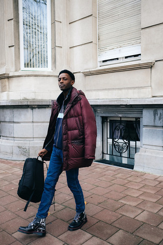 Burgundy Puffer Coat Outfits For Men: 