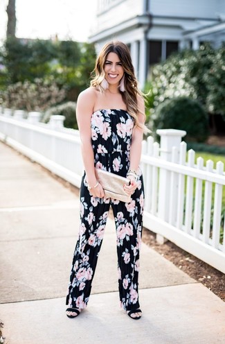 Black Suede Heeled Sandals Chill Weather Outfits: Consider wearing a black floral jumpsuit to get a laid-back and functional look. You could perhaps get a bit experimental when it comes to shoes and complement your outfit with black suede heeled sandals.