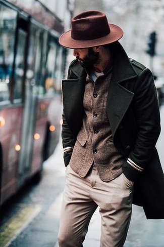 Men's Brown Wool Hat, Khaki Chinos, Brown Wool Blazer, Olive Overcoat