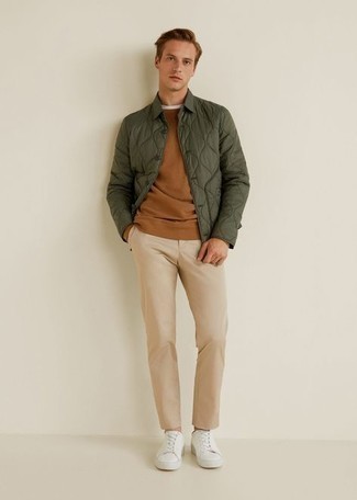 Men's White Canvas Low Top Sneakers, Khaki Chinos, Brown Sweatshirt, Olive Quilted Shirt Jacket