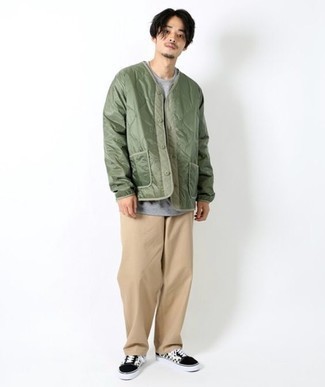 Men's Black and White Check Canvas Low Top Sneakers, Khaki Chinos, Grey Crew-neck T-shirt, Olive Quilted Bomber Jacket