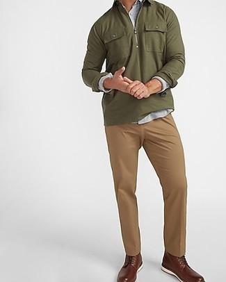 Men's Dark Brown Leather Casual Boots, Khaki Chinos, Grey Long Sleeve Shirt, Olive Long Sleeve Shirt