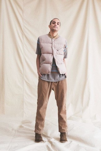 Pink Quilted Gilet Outfits For Men: 