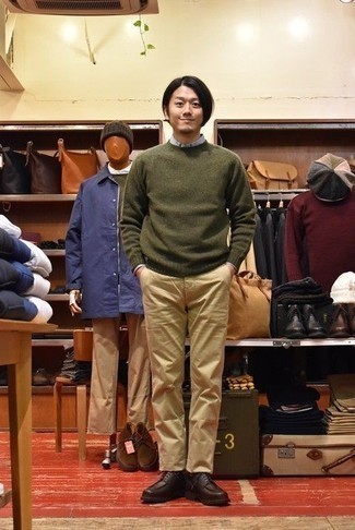 Men's Dark Brown Leather Derby Shoes, Khaki Chinos, Light Blue Long Sleeve Shirt, Olive Crew-neck Sweater