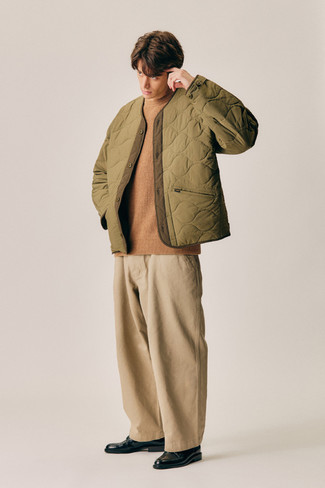 Olive Quilted Bomber Jacket Outfits For Men: 