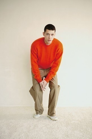 Men's White Canvas Low Top Sneakers, Khaki Chinos, White Crew-neck T-shirt, Orange Crew-neck Sweater