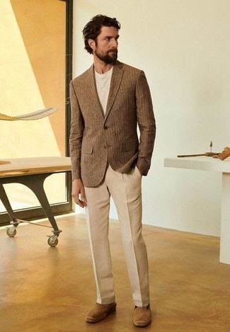 Brown Vertical Striped Blazer with Khaki Dress Pants Outfits For Men: 