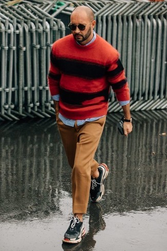 Men's Charcoal Athletic Shoes, Khaki Wool Dress Pants, Light Blue Vertical Striped Long Sleeve Shirt, Red and Black Horizontal Striped Crew-neck Sweater