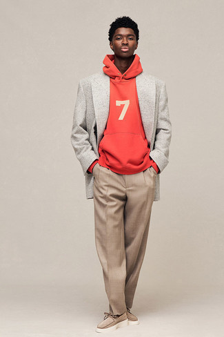 Men's Tan Suede Loafers, Khaki Dress Pants, Red and White Print Hoodie, Grey Wool Double Breasted Blazer