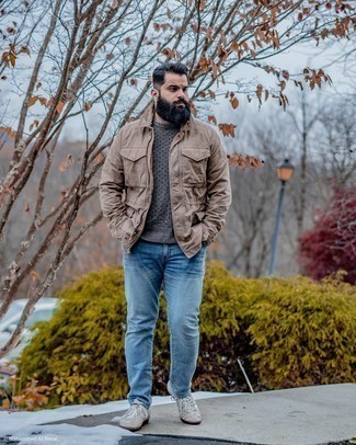 Men's Khaki Field Jacket, Charcoal Cable Sweater, Light Blue Jeans, Grey Canvas Low Top Sneakers