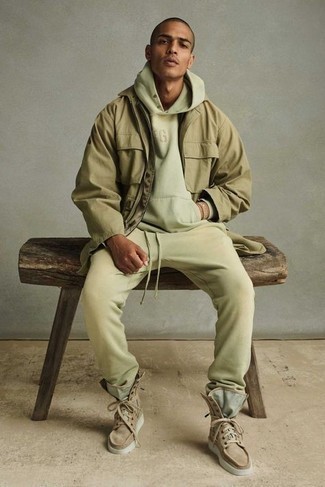 Green Track Suit Outfits For Men: Go for a pared down but at the same time cool and relaxed option by putting together a green track suit and a khaki field jacket. Rounding off with a pair of tan suede casual boots is the simplest way to bring a dose of sophistication to your outfit.