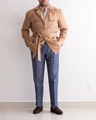 Men's Khaki Field Jacket, White and Red Vertical Striped Dress Shirt, Navy Dress Pants, Dark Brown Suede Loafers