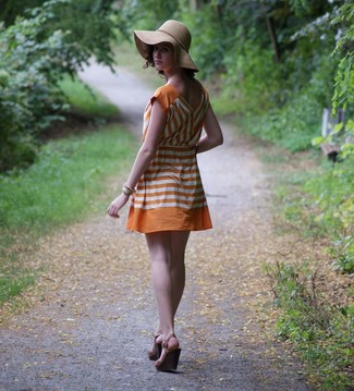 Women's Khaki Hat, Dark Brown Leather Wedge Sandals, Orange Horizontal Striped Casual Dress