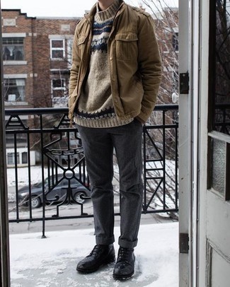 Men's Khaki Military Jacket, Beige Fair Isle Turtleneck, Charcoal Chinos, Black Leather Casual Boots