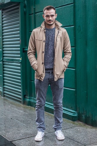 Khaki Military Jacket Outfits For Men: A khaki military jacket and grey jeans are a pairing that every stylish gent should have in his menswear collection. If you don't want to go all out formal, add a pair of white canvas low top sneakers to your ensemble.