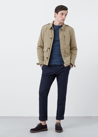 Khaki Military Jacket Outfits For Men: This pairing of a khaki military jacket and navy chinos is super easy to put together and so comfortable to sport as well! Dark brown suede oxford shoes are the most effective way to bring an extra dose of elegance to this look.