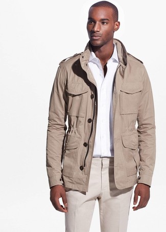 Khaki Military Jacket Outfits For Men: This combination of a khaki military jacket and beige dress pants will add refined essence to your look.