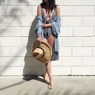 Women's Khaki Straw Hat, White and Black Horizontal Striped Swimsuit, Light Blue Cover-up