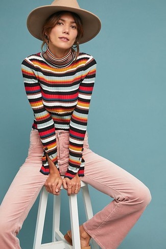 Women's Khaki Wool Hat, Pink Flare Jeans, Multi colored Horizontal Striped Turtleneck