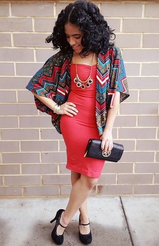 Multi colored Geometric Kimono Outfits: Such essentials as a multi colored geometric kimono and a red bodycon dress are an easy way to infuse some cool into your off-duty rotation. With shoes, go for something on the classier end of the spectrum and complete your ensemble with a pair of black suede pumps.
