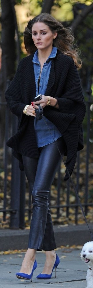 Olivia Palermo wearing Black Knit Kimono, Blue Denim Shirt, Black Leather Skinny Pants, Blue Suede Pumps