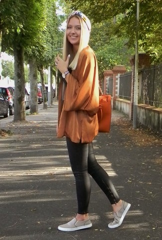 Women's Brown Kimono, Black Leather Skinny Pants, Grey Slip-on Sneakers, Orange Leather Tote Bag