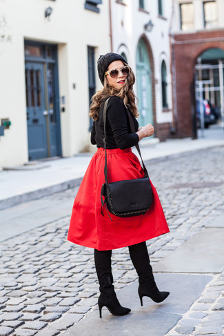 Women's Black Leather Crossbody Bag, Black Suede Knee High Boots, Red Full Skirt, Black Crew-neck Sweater