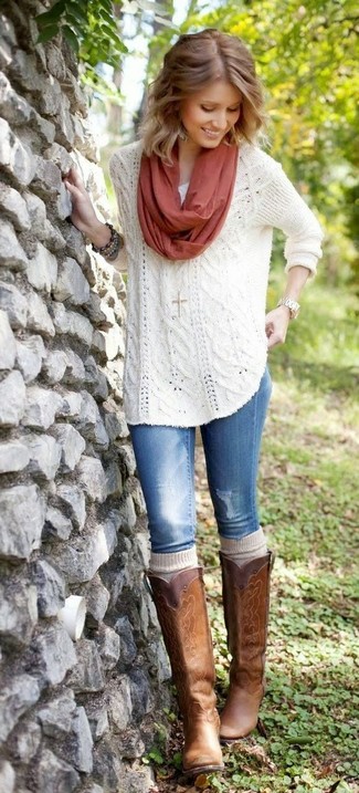 Women's Beige Knee High Socks, Brown Leather Knee High Boots, Blue Jeans, White Knit Oversized Sweater