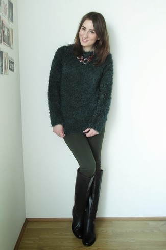 Women's Burgundy Necklace, Black Leather Knee High Boots, Dark Green Leggings, Dark Green Fluffy Crew-neck Sweater