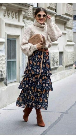 Women's Tan Leather Crossbody Bag, Tobacco Suede Knee High Boots, Navy Floral Maxi Skirt, Beige Knit Turtleneck