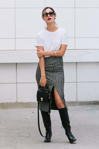 Women's Black Leather Crossbody Bag, Black Leather Knee High Boots, Grey Vertical Striped Midi Skirt, White Crew-neck T-shirt