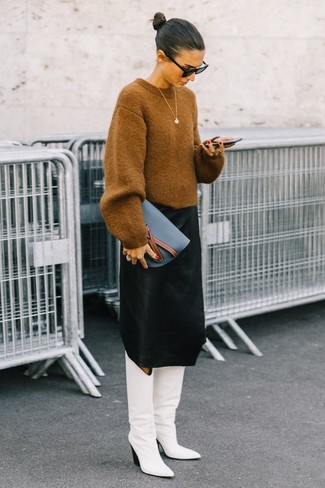 Women's Blue Leather Clutch, White Leather Knee High Boots, Black Midi Skirt, Tan Oversized Sweater