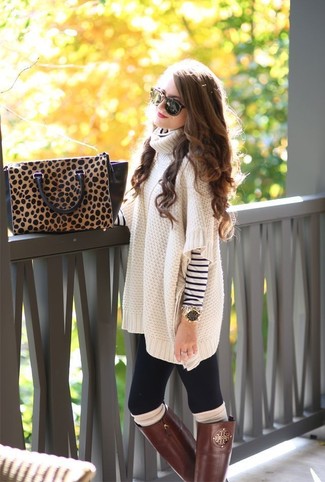 Women's Brown Leopard Leather Satchel Bag, Brown Leather Knee High Boots, Beige Oversized Sweater, White and Navy Horizontal Striped Turtleneck