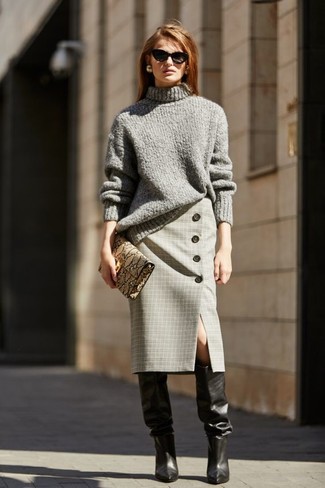 Women's Tan Snake Leather Clutch, Black Leather Knee High Boots, Grey Plaid Pencil Skirt, Grey Knit Turtleneck