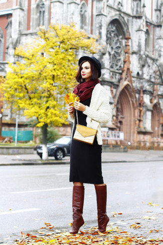 Burgundy Leather Knee High Boots Outfits: 