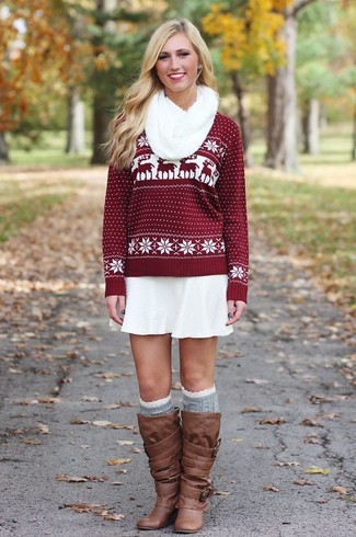 Burgundy Fair Isle Crew-neck Sweater Outfits For Women: 