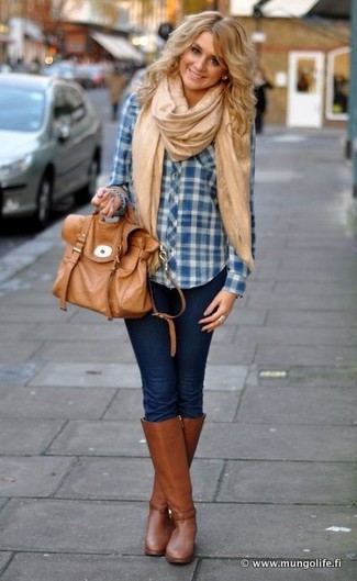 Women's Tan Leather Satchel Bag, Brown Leather Knee High Boots, Navy Skinny Jeans, White and Blue Plaid Button Down Blouse