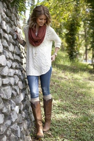 Women's Burgundy Scarf, Brown Leather Knee High Boots, Blue Ripped Skinny Jeans, White Cable Sweater