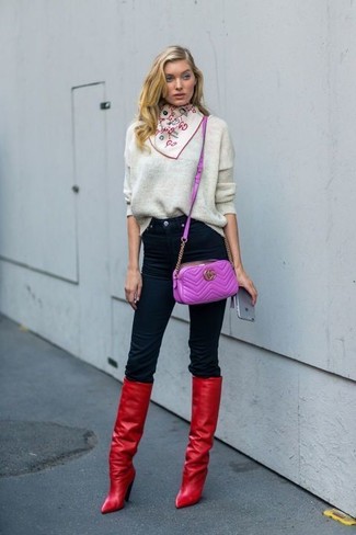 Women's Purple Leather Crossbody Bag, Red Leather Knee High Boots, Black Skinny Jeans, Grey Oversized Sweater