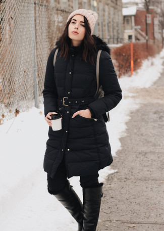 Black Leather Knee High Boots Winter Outfits: 