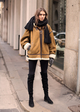 Dark Brown Shearling Jacket Winter Outfits For Women: 