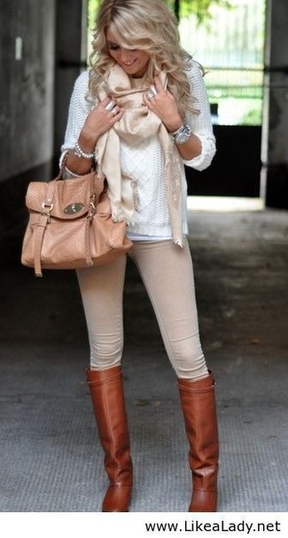 Women's Tan Leather Satchel Bag, Brown Leather Knee High Boots, Beige Skinny Pants, White Cable Sweater