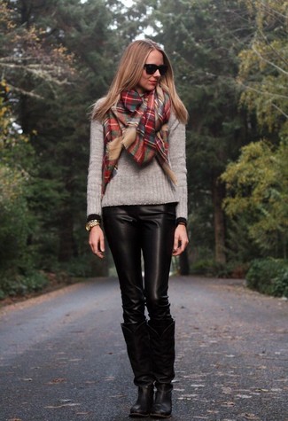 Women's Red Plaid Scarf, Black Leather Knee High Boots, Black Leather Skinny Pants, Grey Crew-neck Sweater