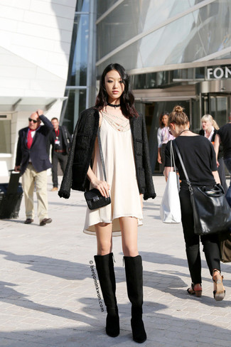 Black Suede Knee High Boots Outfits: 