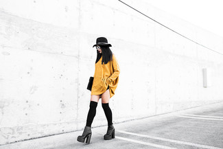 Women's Black Leather Clutch, Black Knee High Socks, Black Chunky Leather Ankle Boots, Mustard Sweater Dress