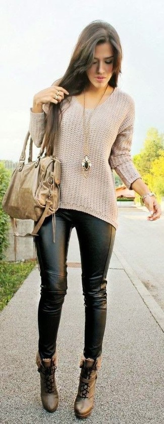Women's Tan Leather Tote Bag, Brown Leather Lace-up Ankle Boots, Black Leather Leggings, Beige Oversized Sweater