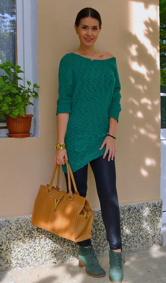 Dark Green Suede Lace-up Ankle Boots Outfits: 